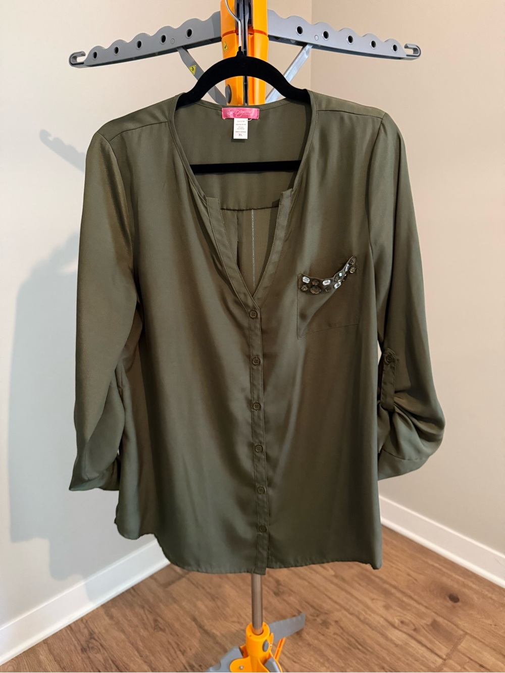 Embellished Olive Green Button-Front Blouse